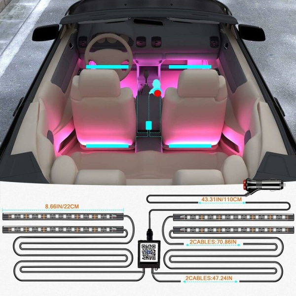 Bilinredningsljus, LED-lampor för bil, med Bluetooth appkontroll, Multicolor Music Sync Car Ambiance Lighting Kit, 5V USB port
