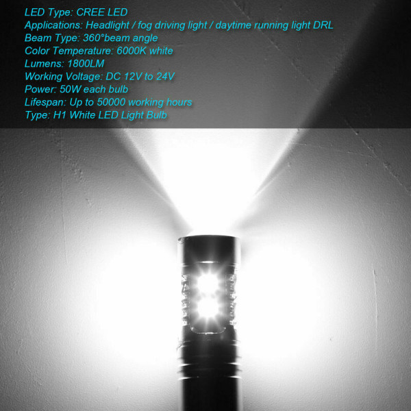 H1 LED-strålkastarlampa 6000k helljus och halvljus 100w hög ljus dimljus vit, 2 st