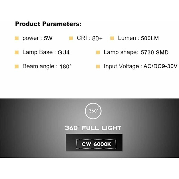 MR11 GU4 5W Kallvit LED-lampa, 6000K 600 lumen LED-lampor, ersättning för 50W halogenlampor, LED-lampor, icke-dimbar, 120° strålvinkel, 10-pack