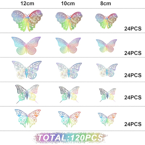 120 Stykker 5 Stilarter 3D Hule Butterfly Vægstikker Dekorative Vægskunst Vægsticker 3 Størrelser Til Værelse Hjem Børneværelse Klasseværelse Kontorer Soveværelse Bad