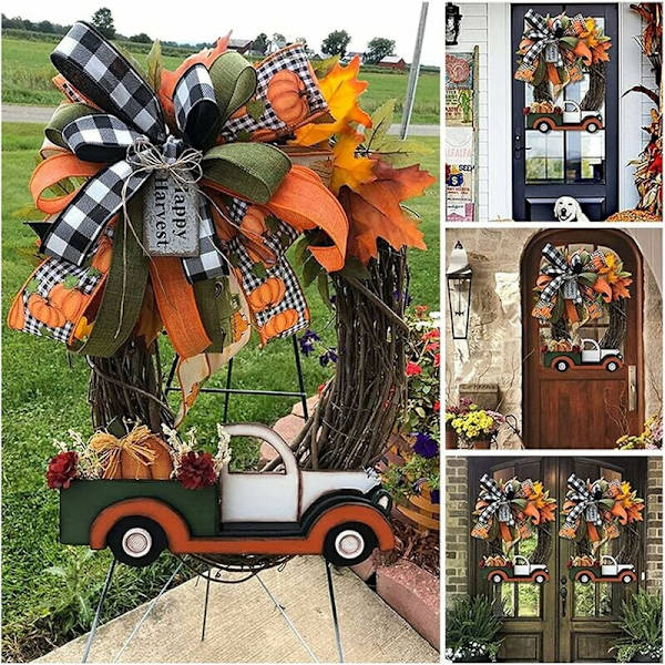Konstgjord Solrosgirland Halloween Blomsterkrans, Höstlöv Girland Höstpumpor Inomhus Utomhus Framdörr Vägg eller Fönster Dekoration (B06)