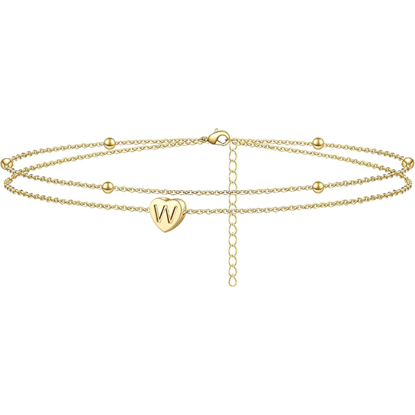 Initial Heart Ankle Bracelet Layered Heart Letter A To Z Bead Chain Anklet For Women 14k Real Gold Plated Beach Jewelry