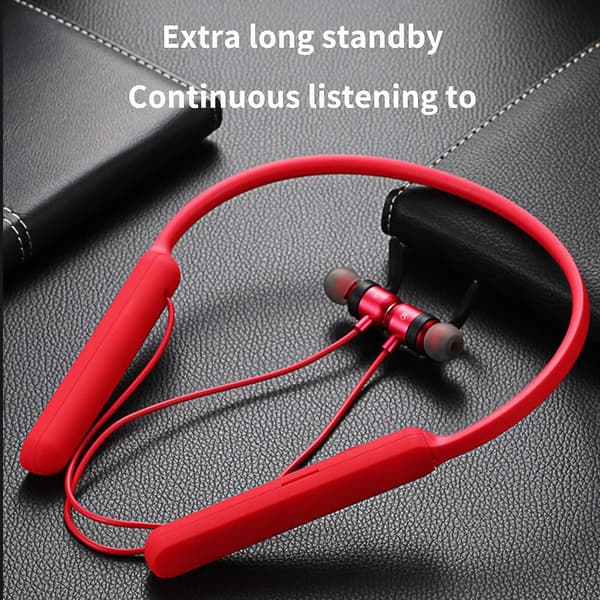 Bluetooth Hörlurar Sport Hängande Hals Tung Bas Super Lång Standby Röd