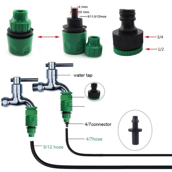 Hurtigkoblingsadapter med 1/4 (4 mm ID) eller 3/8" (8 mm) tilslutning til kunstvandede haveudstyr, 1 stk.