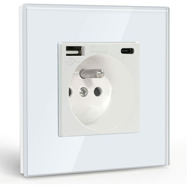Seinän pistorasia USB-liitännällä ja 1 tyypin C -liitännällä, valkoinen AC kidelasipaneelin kanssa, seinävirtapistoke USB-liitännällä (max 2,1 A), sopii älypuhelimeen, tablettiin