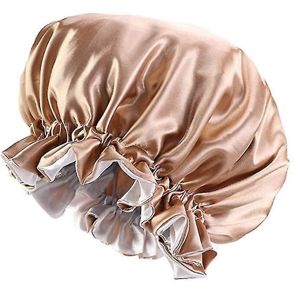 Dubbelfärgad satin silkeshuva sovmössa för hårskönhet, lyxig tyghårvårdsmössa med premium elastiskt band (en storlek khaki) - 1