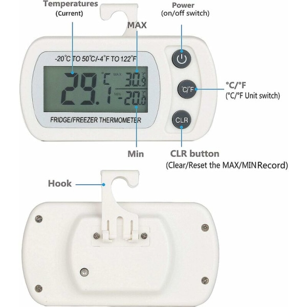 2 ST Digital kyl och frys termometer Temperatur -20 till 50°C med krok, lättläst LCD-skärm, Max Min Record-funktion
