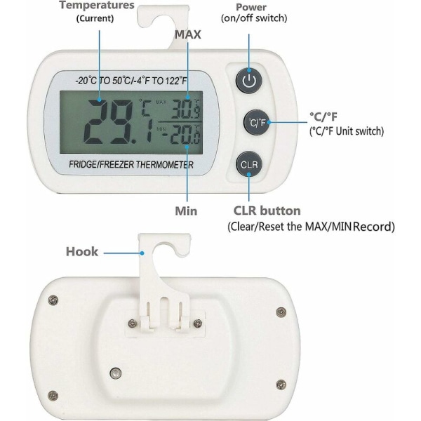 2 stk. Digitalt køleskabsfrysertermometer Temperatur -20 til 50°C med krog, letlæseligt LCD-display, maks./min.-registreringsfunktion