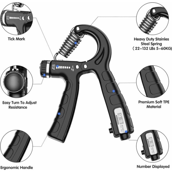 Håndgreb, håndmuskeltræner med tælling, 5-60 kg justerbar tælle håndgreb modstand fingertræner håndledstræner