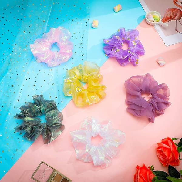 16 Stykke Oversize Hår Elastikker Store Bløde Organza Elastikker Ensfarvet Og Blomsterprint Hår Elastikker Elastisk Hestehale Holder Elastik Hårbånd