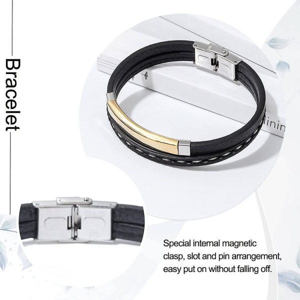Armband i äkta läder för män - Magnetiskt armband i rostfritt stål - Flätat läderarmband