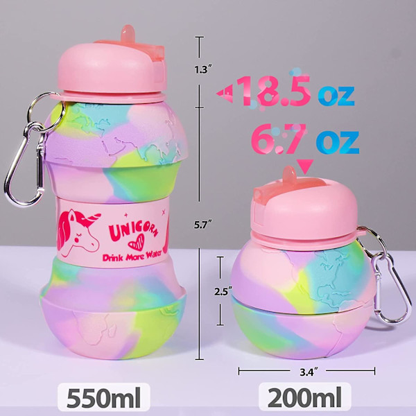 Enhjørning Drikk Mer Vann Sammenleggbar Vannflaske For Jenter Barn 19 Oz 550ml Bpa Fri Lekkasjesikker Silikon Regnbue Vannflasker For Skole Student Spor