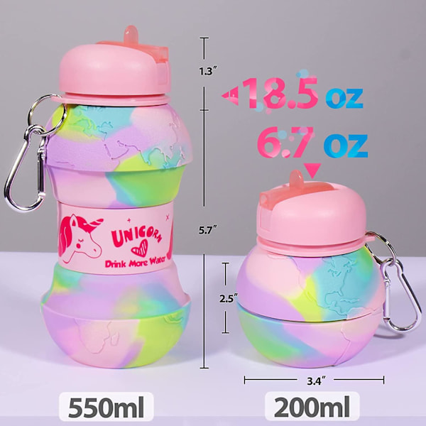 Enhörning Drick Mer Vatten Vikbar Vattenflaska För Flickor Barn 19 Oz 550ml BPA Fri Läckagesäker Silikon Regnbågsvattenflaskor För Skola Student Spor
