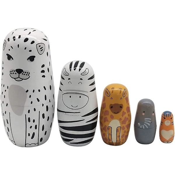 5-pack djurhäckande dockor, 5 lager matryoshka-dockor i trä Söta tecknade djurmönster