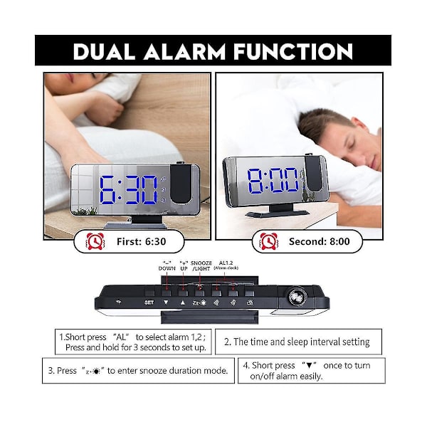 LED Digital Smart Väckarklocka 180 Tids Projektionsklocka Med Snooze Väcka Upp Funktion Skrivbord Dekorativ Klocka Vit