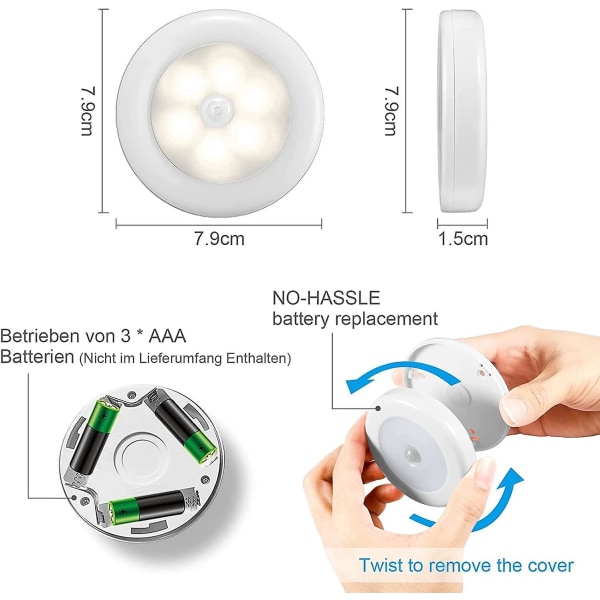 4-pak LED-klæbepind, LED-bevægelsessensorlys med magnetisk bund (batteridrevet) (automatisk batteri