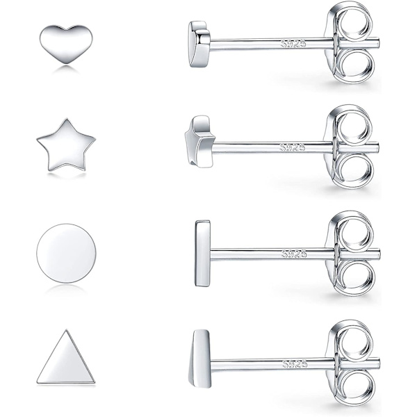 Sterling Sølv Stud Øreringe Til Kvinder Mænd - 4 Par Hypoallergeniske Enkle Geometriske Små Stud Øreringe Sæt Tiny Cirkel Trekant Kvadrat Bar Stud Øre