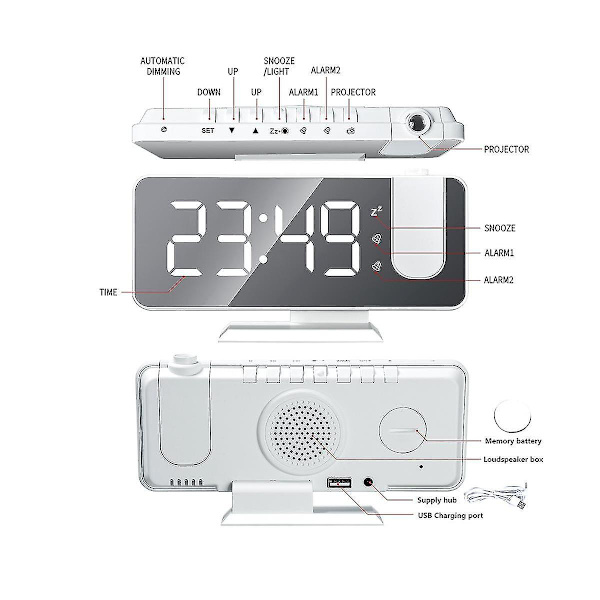 LED Digital Smart Väckarklocka 180 Tids Projektionsklocka Med Snooze Väcka Upp Funktion Skrivbord Dekorativ Klocka Vit