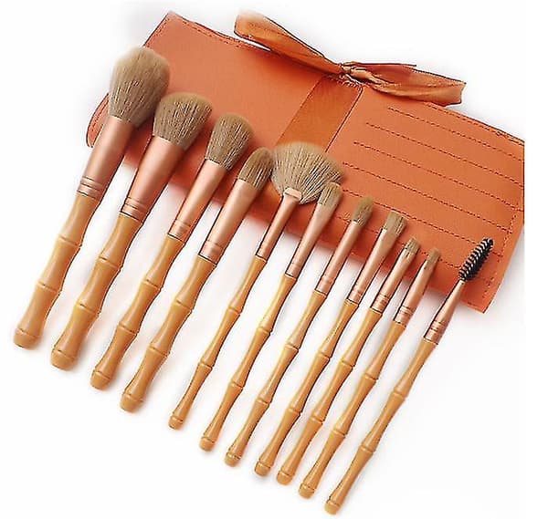 Bärbar skönhetsväska 11 st bambu makeup borste verktyg set-1（B）