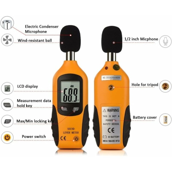 Ljudnivåmätare 30-130dBA, professionell decibelmätare med bakgrundsbelyst display (9V batteri ingår)
