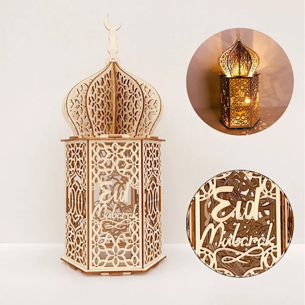 3 st Eid Mubarak muslimsk LED-ljusljusset Ramadan-lampa dekor trälykta 35*15cm muslimsk islamfest DIY LED-lykta lampa