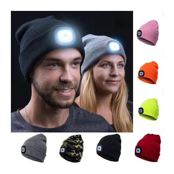 M??ssa med LED-lamppu USB-laddning, utomhusbelysning, neulottu hattu säädettävällä LED-valolla