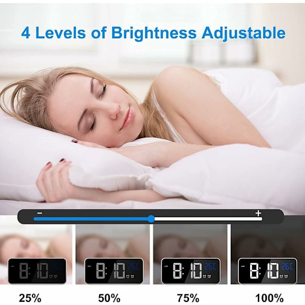 Digital väckarklocka, LED digital väckarklocka med temperatur/snooze/2 larm/12/24 timmar/USB-laddningsport/16 musik (Silver)