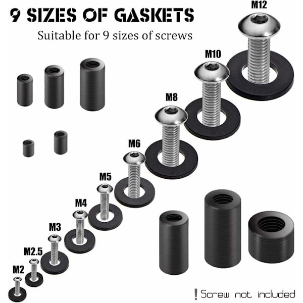 700 stk. Høj kvalitet Sort Nylon Skive Afstandsstykke Sortiment Sæt (M2 M2.5 M3 M4 M5 M6 M8 M10 M12) - Med Æske