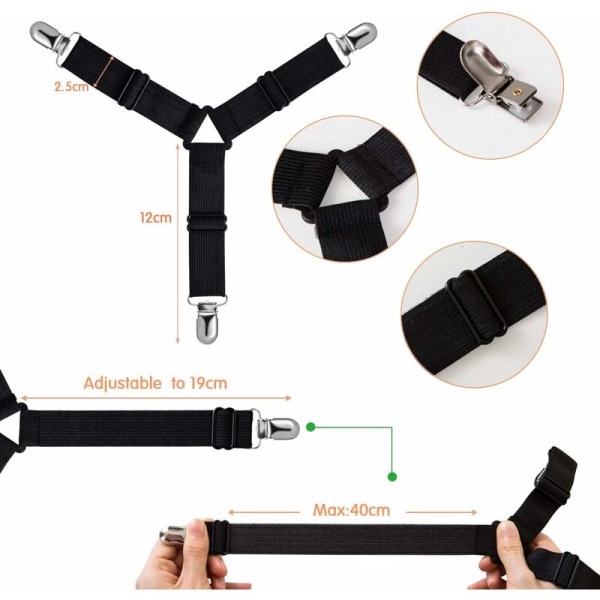 Trekantet justerbar lagenspænder, fastgørelsesrem til sengetøj, lagen, strygebetræk, madras, sofa (sort, sæt med 4)