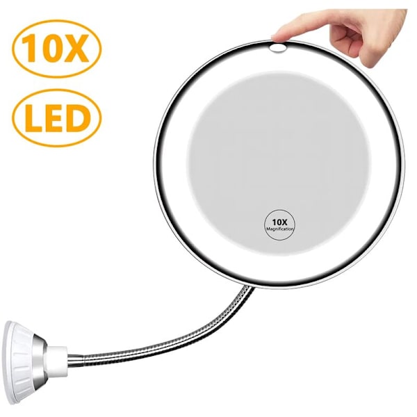 Fleksibelt forstørrelsesspejl med LED-lys, 10x forstørrelse, stærk sugekop - belyst makeup-spejl med blændfri belysning