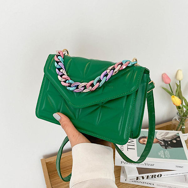 Handväska för kvinnor, clutch, justerbar kedja quiltad crossbodygrön