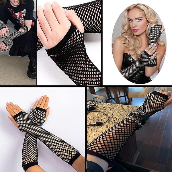 Fishnet Handsker, Sorte Fishnet Lange Handsker Fest Tilbehør Sort Nylon Fingerløse