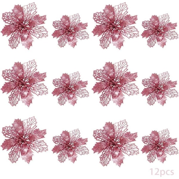 24 st julblommor dekoration, julgransprydnader glitter julstjärna, konstgjorda blommor julstyle6Pink