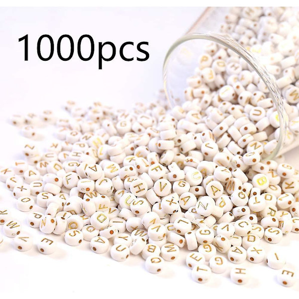1000 pärlor Runda bokstäver 7mm Bokstav Vita med guld bokstavspärlor från A till Ö