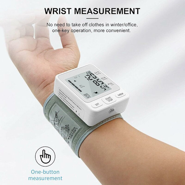 Bärbar automatisk handledsblodtrycksmätare med batteridriven LCD-display med avläsningspulsmätare