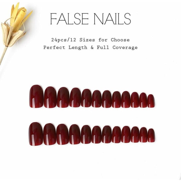 24 x konstgjorda naglar Burgundy Color Bling Glitter Gel Glänsande Finish Naturliga Korta Ovala naglar Fulltäckande Salong Nail Art för kvinnor