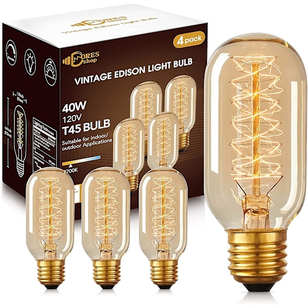 T45 Vintage Edison -lamppu, Antiikkiputkimainen hehkulamppu, Lämmin Valkoinen, Amber-lasi, 110-130 Volttia, E26 Keskikokoinen Kanta Lamppu Kotivalaistukseen