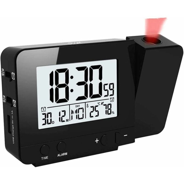 LED-väckarklocka med projektion, digital klocka med stor LCD-display, digital projektionsklocka med två larm, snooze-funktion, inomhustermometer