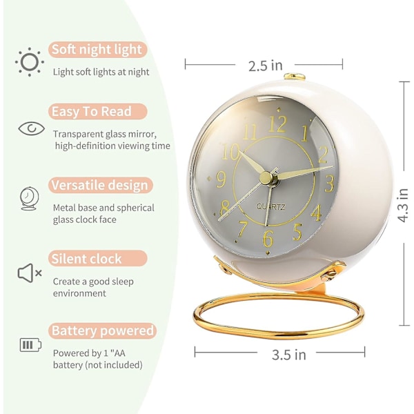 Analoga väckarklockor, retro bakgrundsbelysning söt enkel design liten skrivbords klocka med nattlampa, tyst icke-tickande, batteridriven, för barn