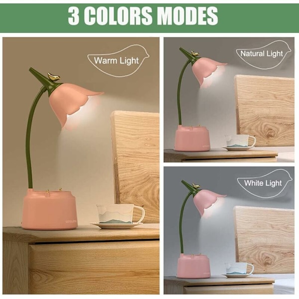 LED-skrivebordslampe til børn, USB-genopladelig blomsterfugle-bordlampe, læselampe med justerbart lys og berøringssensor, soveværelsesdekoration (lyserød)