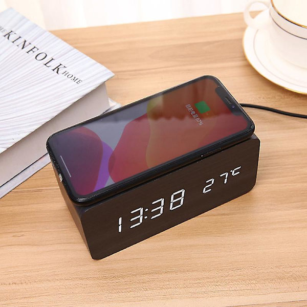 Digital väckarklocka FM-radio, 10 W snabb trådlös laddningsstation för iPhone/Samsung Galaxy, USB-laddningsport, väckningsljud, sovrumssömntimer, trä L