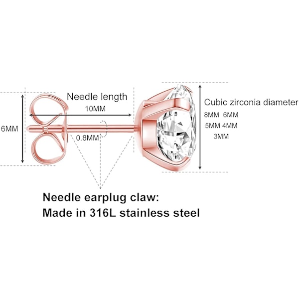 5 Par Stud Øreringe Sæt, Hypoallergenisk Kubisk Zirkonia 316l Øreringe Rustfrit Stål Cz Øreringe 3-8mm, Rosenguld