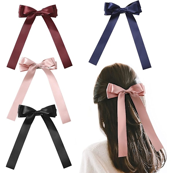 4 stycken rosett fransk lång band retro stor rosett hårklämma (svart, vinröd, rosa, marinblå)