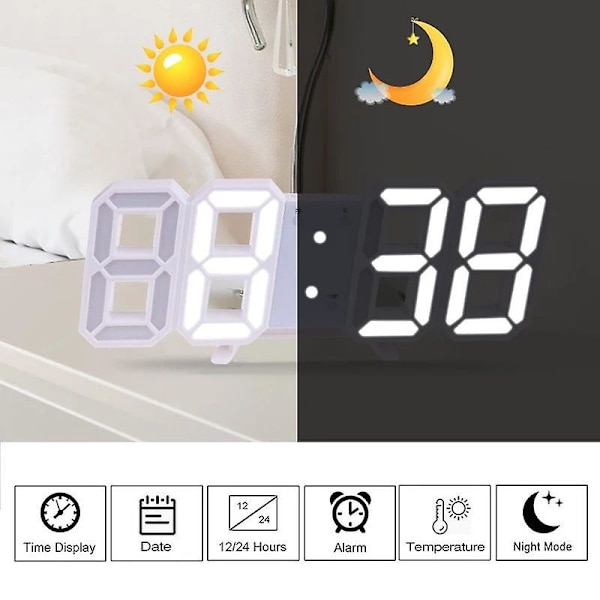 3d ledklocka skrivbordsväckarklocka Väggklocka med fjärrkontroll, led elektroniska klockor, temperatur, nattljus automatisk/anpassad ljusstyrka