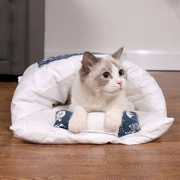 Katt sovsäck, kattsäng ihålig, söt kattsäng med avtagbara kuddar, mjuk husdjursmatta, maskintvättbar husdjurssäng, blått kattmönster-L
