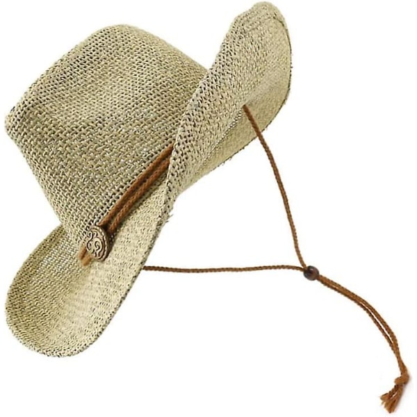 Utomhus cowboy halmhatt bred brättad solhatt med vindtät snöre som andas casual strandhatt (khaki färg)