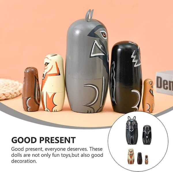 Aminal Nesting Doll, Trädocka i Ryssland i Trä Målad för Hand