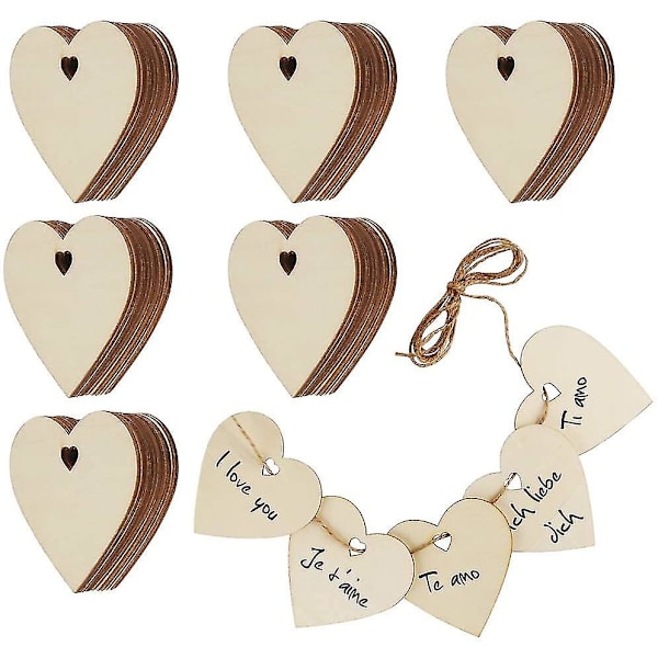 60 st trä hjärtformade ornament skivor med hål för bröllop, hängande och hantverk Halloween dekoration tagg - 8cm