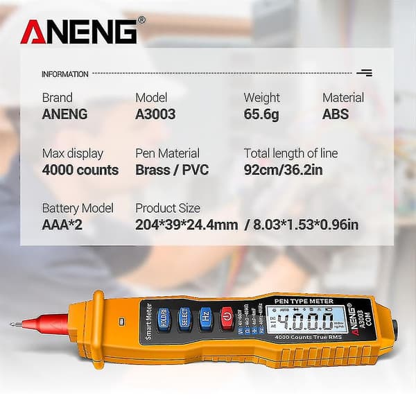 Aneng A3003 Digital Multimeter Pen Typ Meter 4000 Räkningar Icke-kontakt Ac/dc Spänning Motstånd Capa