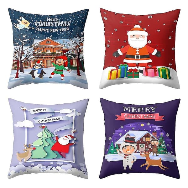 Jultryckt Kuddfodral Polyester Soffa Bil Kuddeöverdrag Heminredning 4st